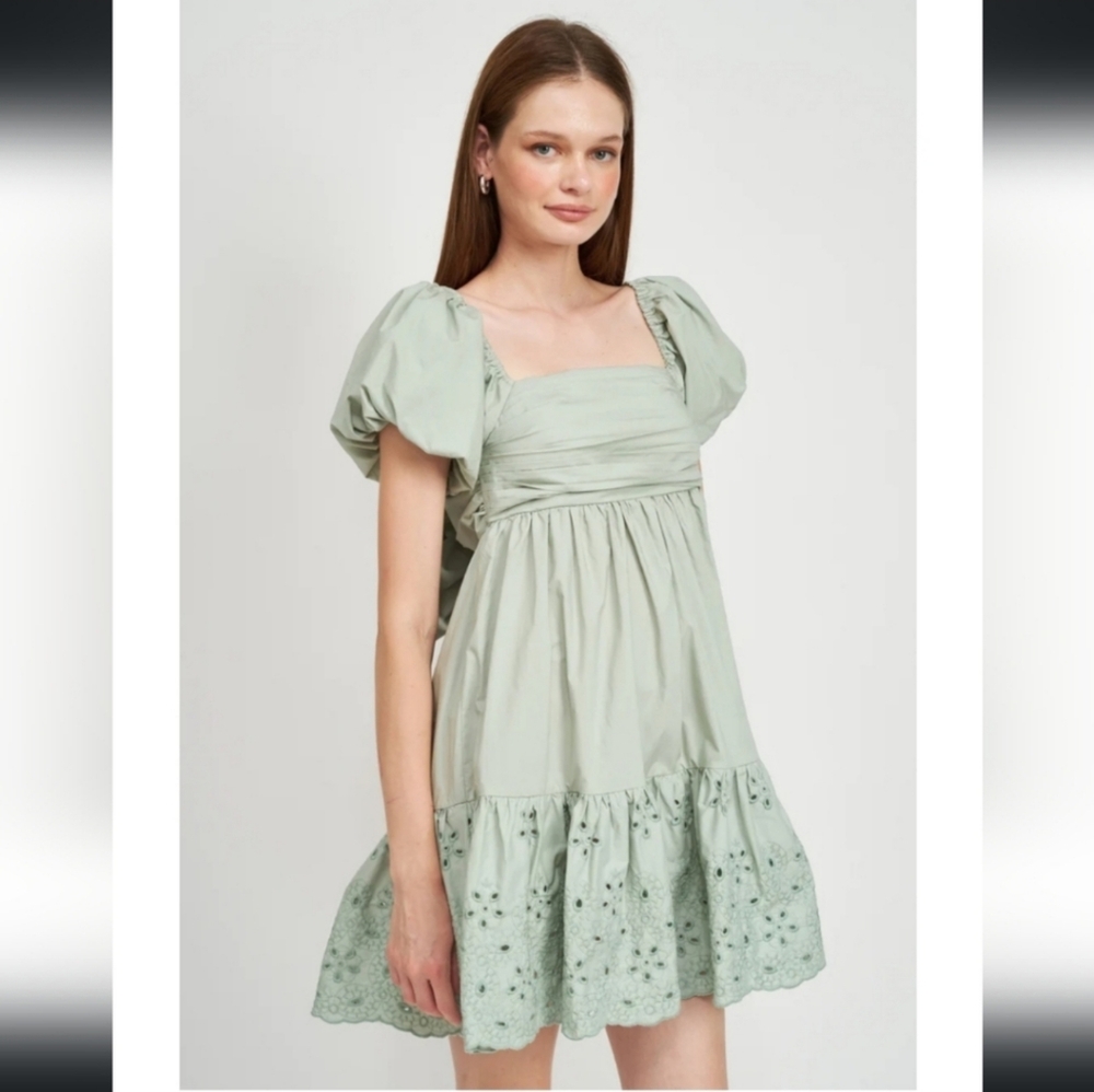 En Saison Kalani Cotton PoplinEmbroidered Mini Dress 'SeafoamSize Small